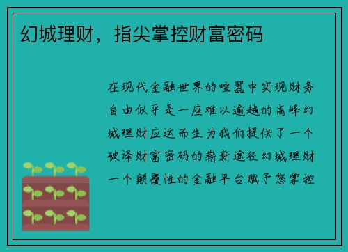 幻城理财,指尖掌控财富密码